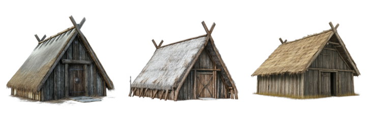 Set of Viking longhouse isolated on transparent background
