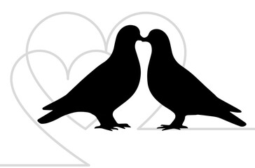 Two romantic pigeons kissing silhouette isolated on clean white background for love and wedding design
