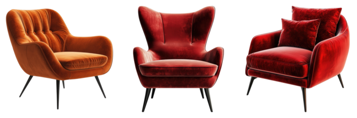 Set of velvet lounge chair isolated on transparent background