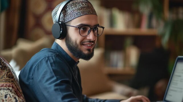 Young man with glasses smiling wearing headphones and using a laptop computer in a comfortable setting.