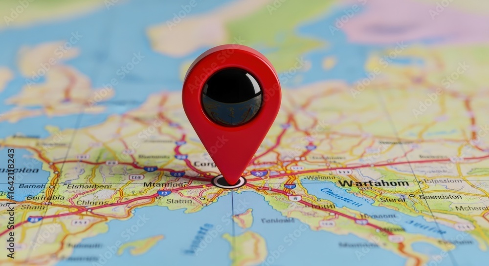 Aufkleber location pin on detailed map indicating destination or point of interest, emphasizing travel and nav