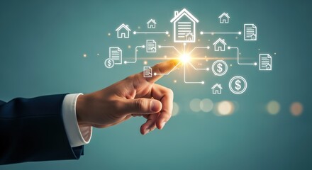 Real Estate Technology Interface: Man Interacting with Digital Home Data and Financial Transactions