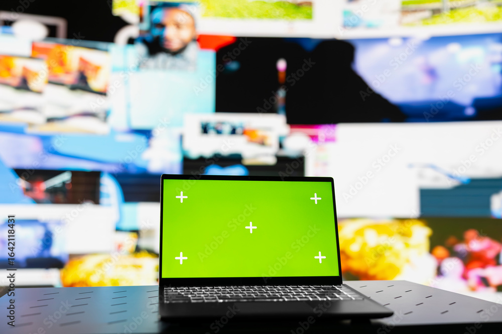 Poster laptop showcasing display with green screen mockup next to modern web design social network platform