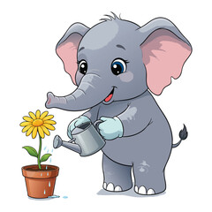Adorable Baby Elephant Character with Watering Can and Flower Pot Illustration for Children’s Learning