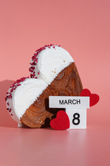 Women's day 8 march wooden calendar cubes wishes greeting holiday card Heartshaped pastry croissant...