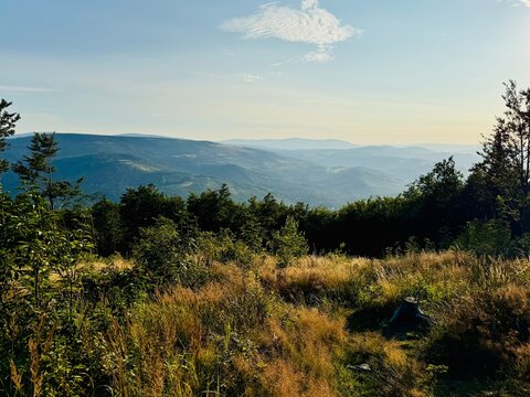 The Opawskie Mountains, the beginning of the Sudetes. Beautiful view of the eastern part of the Sudetes. Biskupia Kopa, Zlate Hory