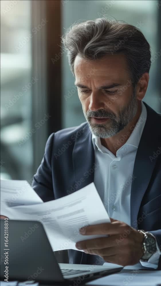 Poster man in suit reviewing reports or contracts.