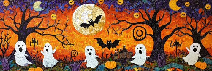 Halloween scene with ghosts bats moon and trees on an orange background.
