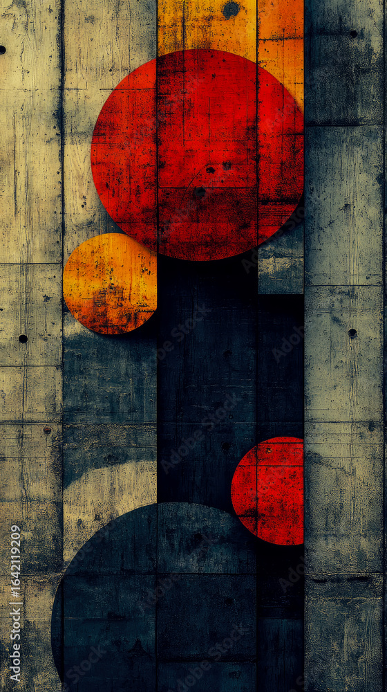 Poster dynamic abstract composition showcasing distressed geometric circles and contrasting panels with gru