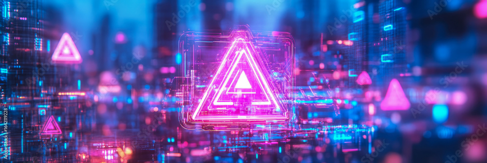 Poster abstract digital warning system: futuristic cybernetic landscape illuminated by glowing neon triangl