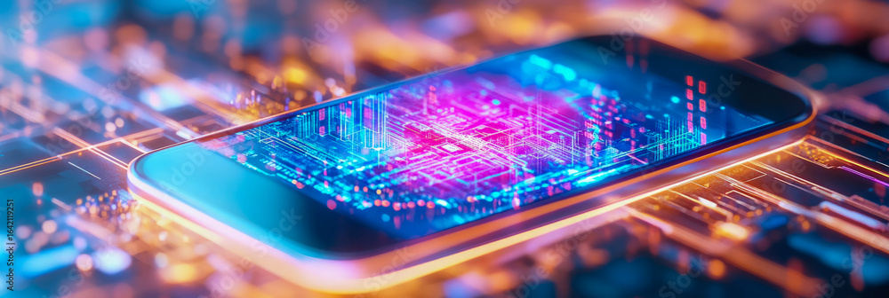 Poster futuristic smartphone displaying vibrant digital data on glowing circuit board, symbolizing advanced