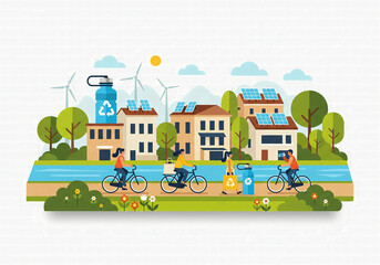 Naklejka premium Illustration of a sustainable village with solar panels, wind turbines and people cycling and recycling