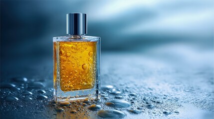 Elegant Perfume Bottle with Golden Liquid and Condensation, Showcasing Luxury Fragrance on a Wet Surface
