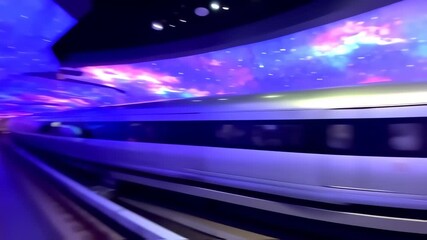 A vibrant, futuristic train tunnel, lit with vibrant purple and blue LED lights, showcasing a moving train - Powered by Adobe