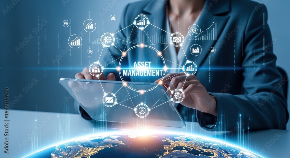 Poster asset management digital transformation: businesswoman using tablet with futuristic interface and gl