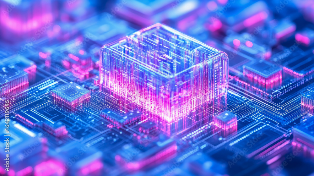 Aufkleber vibrant neon-lit abstract depiction of sophisticated computer chip and motherboard, symbolizing inte