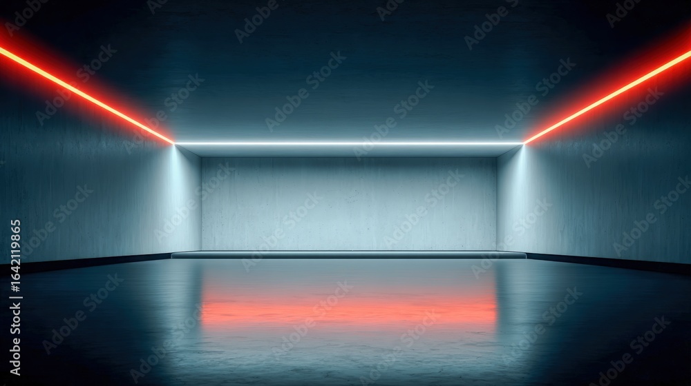 Poster abstract neon lit room with reflection: modern empty space for product display or presentation