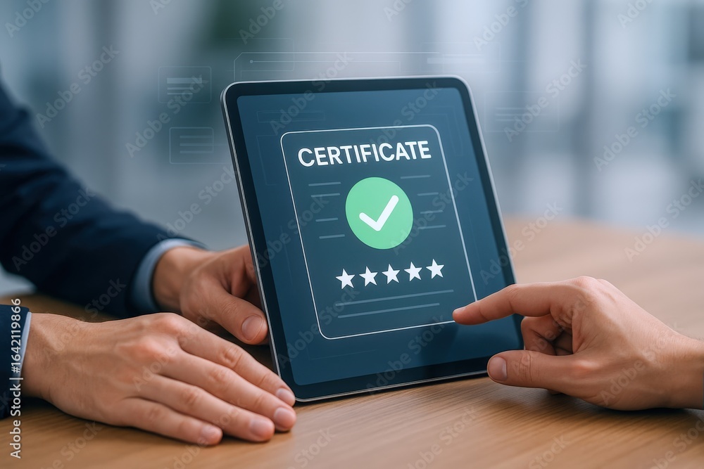 Poster online certificate on tablet display with a hand touching the screen, achieving excellence and recog