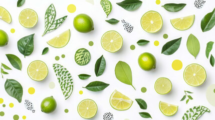 Vibrant flat lay arrangement of fresh green limes, natural citrus leaves, and playful abstract polka dots scattered on pristine white background, perfect for lively, healthy theme.
