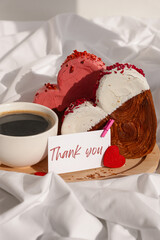 THANK you gratitude wishes saying caption on greeting card Coffee breakfast in rumpled bedding bed...