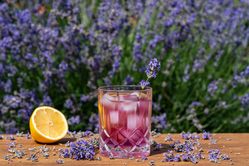Bright cocktail or lemonade served in crystal glass on wooden table against of a green summer...