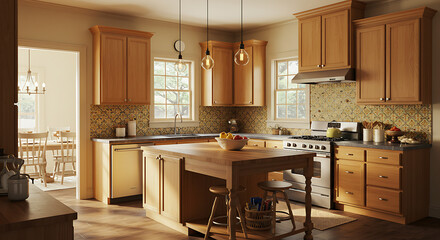 Warm, inviting natural wood kitchen with island and sunlight