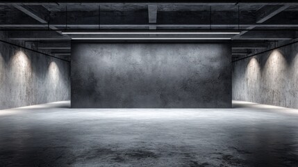 Empty Concrete Room with Spotlights: Industrial Space for Product Display or Interior Design Mockup
