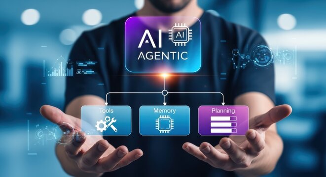 AI Agentic Framework Illustration: Man Presenting Tools, Memory, and Planning Modules for Advanced Artificial Intelligence