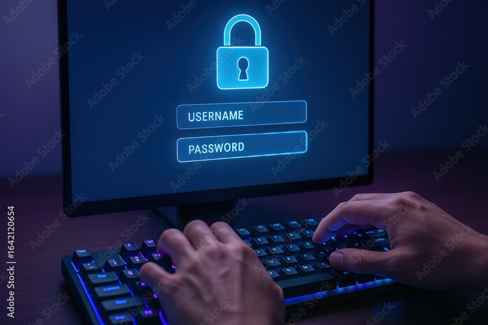Poster cybersecurity interface on computer display: username and password fields with padlock icon showing 