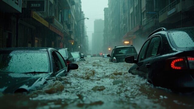 Flooded urban street with cars partially submerged in rushing water. Heavy rain continues, worsening the situation. Tall buildings line the background under a dark, stormy sky. - Powered by Adobe