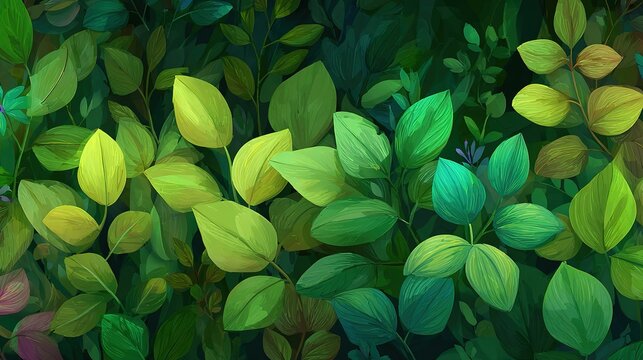 Seamless vector pattern of green leaves on dark background, cartoon style, flat detailed design, vibrant high resolution illustration