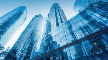 Obraz premium Modern Cityscape Featuring Contemporary Glass Skyscrapers in a Bustling Financial District with Urban Blue Tones