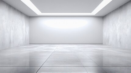 Minimalist White Room with Concrete Texture, Suitable for Product Presentation or Architectural Visualization, with Recessed Lighting