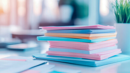 Large stack of brightly colored paper sheets in various pastel hues on clean office desk, representing efficient organization, creative projects, and administrative tasks in professional setting.