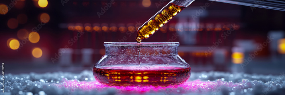Poster dramatic macro shot of golden elixir being precisely added to bubbling ruby red solution in frosted 
