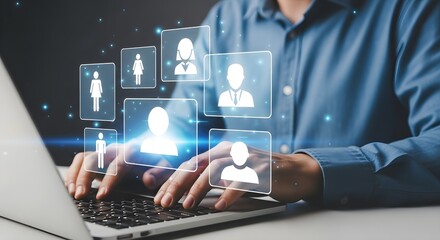 A person typing on a laptop with social media icons coming out of the screen