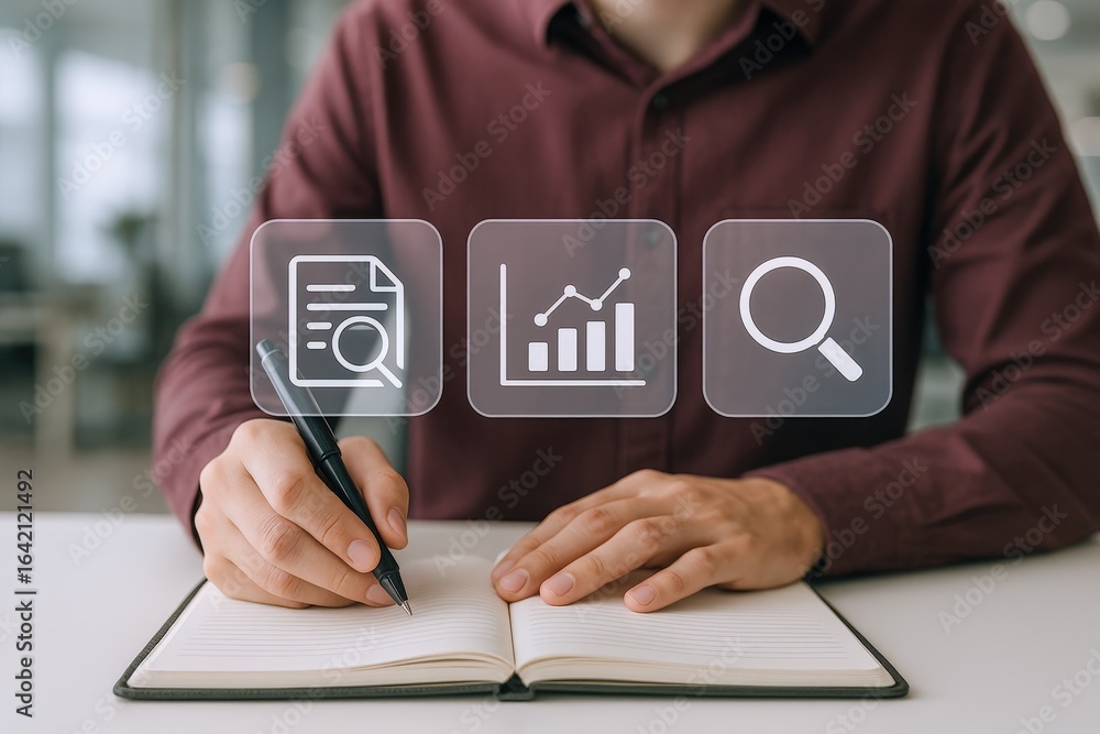 Aufkleber businessman analyzing data and writing notes in a notebook, surrounded by virtual business icons