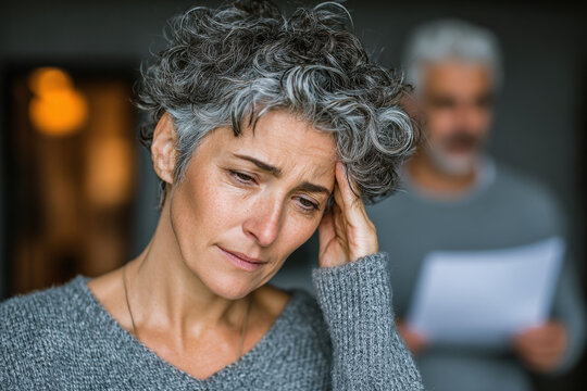 Worried woman with grey hair, man blurred background