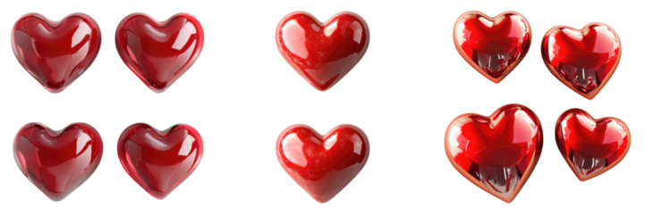 Set of red hearts isolated on transparent background
