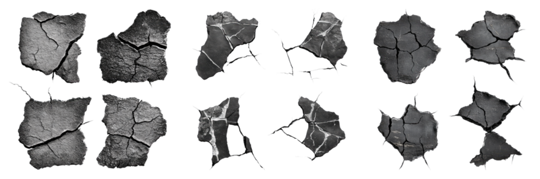 Set of black cracks isolated on transparent background