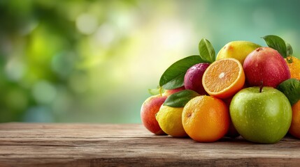 Assorted Fresh Fruits on Wooden Table with Blurred Green Background - Healthy Eating Concept
