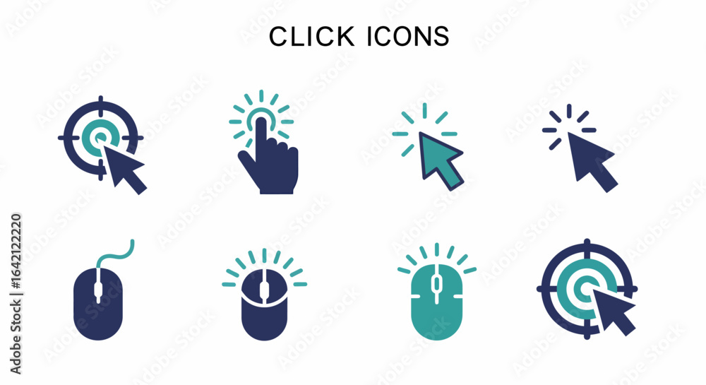 Poster collection of digital click interaction icons representing user engagement and navigation choices