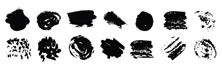 Set of abstract textured black ink round and square squiggle paint brush strokes. Dynamic isolated inky scribble blobs, smear brushstroke concept for textured brushes design, stamp, banner