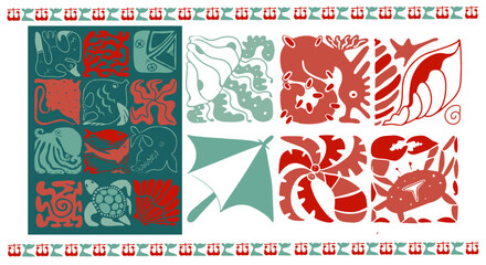 sea, icons, set, vector, design, pattern, illustration,fish,crab,palm, boat, coral,  octopus, shark, starfish, 