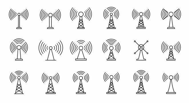 Collection of Communications Towers and Antennas Broadcasting Wireless Signals Illustrating Network Infrastructure Technology 