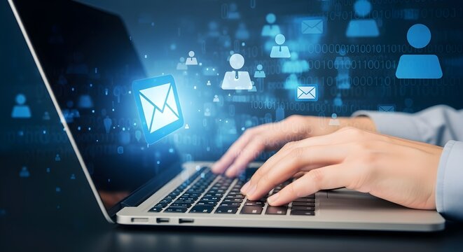 A person typing on a laptop with email icons coming out of the screen