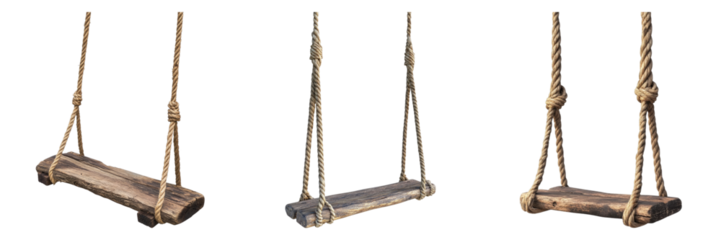 Set of rustic wooden rope swing isolated on transparent background