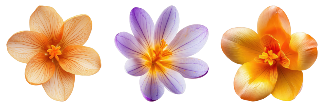 Set of saffron crocus rose isolated on transparent background