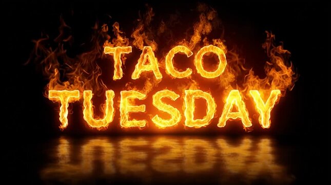 Taco Tuesday sign - fire font letters, animated flames isolated on black background - horiztonal 16:9 title screen for restaurant, promotion presentation or tv ad