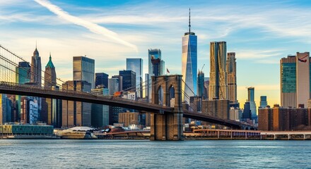 Naklejka premium New York Cityscape Featuring Brooklyn Bridge and Modern Architecture, USA Urban Skyline on Sunny Day